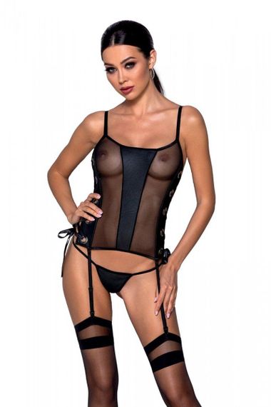 Сетчатый корсет с люверсами и съемными пажами Passion MALWIA CORSET 2XL/3XL black, эко-кожа, стринги sexstyle | Зображення 1