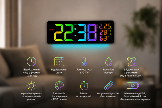 Настінний годинник 6669R/ Електронний LED-годинник/RGB годинник з пультом | Зображення 6