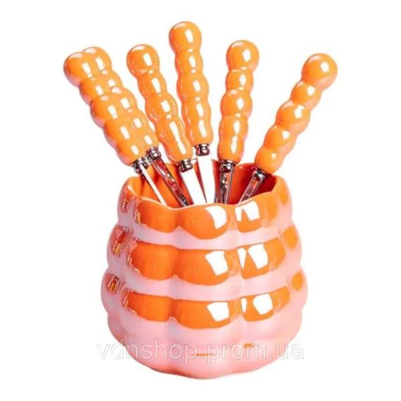 Набір десертних виделок і ложок на 3 персони з підставкою з порцелянау 7 предметів Помаранчевий HP-20-60 | Зображення 1