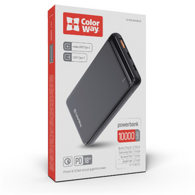 Павербанк 10000 mAh ColorWay CW-PB100LPG3BK-PD 18W QC+PD slim світлодіодний індикатор чорний