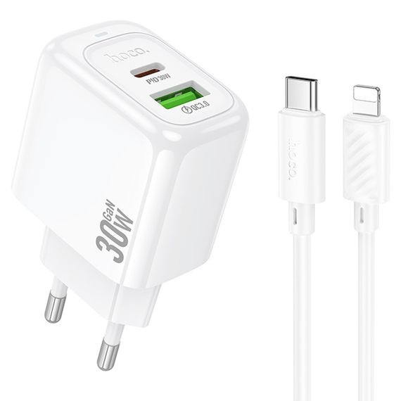 МЗП Hoco CS55A Surplus PD30W+QC3.0 (1USB-A/1C) + кабель Type-C to Lightning White