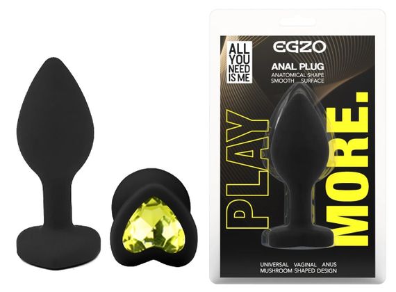Анальна пробка EGZO Silicone Heart Plug S, чорний силікон, лаймовий кристал у формі серця Sex Aura