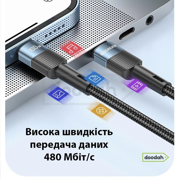 Кабель Type-C - Type-C Essager 20V, 5A 100W, Black - Fast Charge, 300 см (для заряджання та передачі даних) | Зображення 6