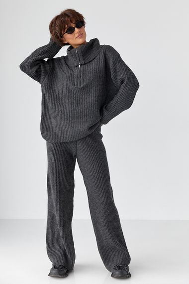 В'язаний костюм із широкими штанами та светром на блискавці - темно-сірий цвет, ONE SIZE (є розміри) | Зображення 4