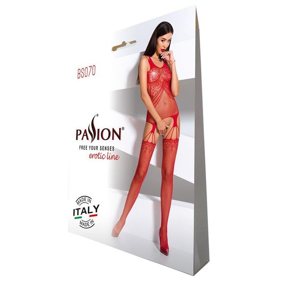 Бодістокінг Passion BS070 red, комбінезон, імітація панчох і ажурного топа, S/M/L | Зображення 4