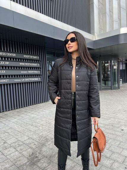 Женская демисезонная стильная удлиненная куртка-пальто стеганая PA2041 цвет черный, размер 46/48 | Зображення 4