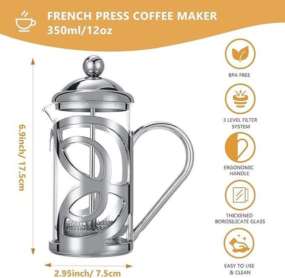 Френч прес із поршнем MeelioCafe French Press, 350 мл, 2 чашки, скляна кава-прес, | Зображення 3