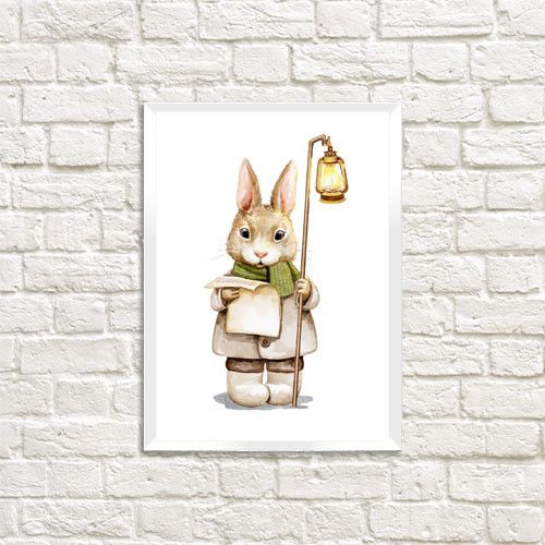 Постер в рамці Зайчик с фонарем поет рождественские песенки 15x21 см, A5 (WMT5_22NG015_WH)