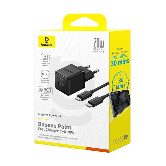МЗП Baseus Palm Fast Charger PD20W+QC3.0 (1USB-A/1C) + кабель Type-C to Type-C (P10111608) Cluster Black | Зображення 5