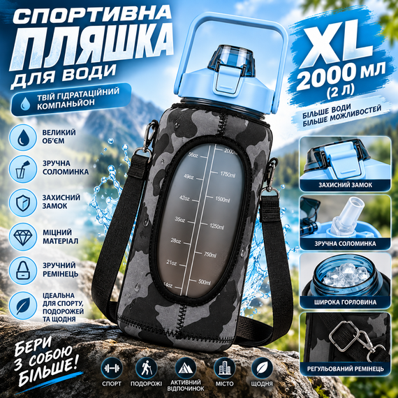 Спортивная бутылка для воды XL 2000 мл (2 л) с соломинкой, защитным камуфляжным чехлом и ремешком - Голубая | Зображення 8