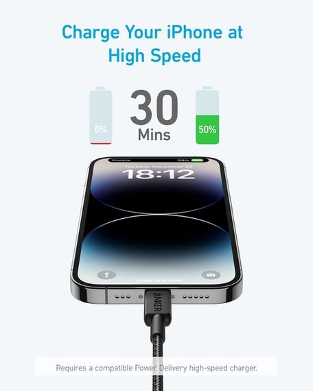 Кабель Anker 322 USB-C to Lightning - 1.8m Nylon Black | Зображення 1