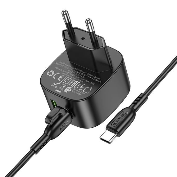 МЗП Borofone BAS22A Fortune PD20W+QC3.0 (1USB-A/1C) + кабель Type-C to Type-C Black | Зображення 1