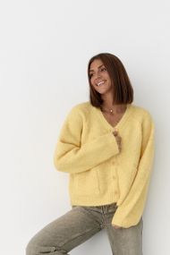 Теплий в'язаний кардиган із кишенями - жовтий цвет, ONE SIZE (є розміри)