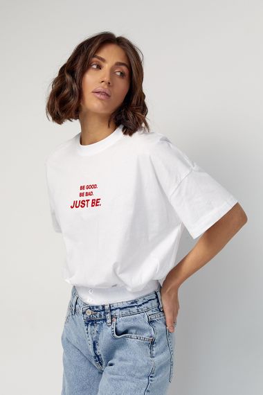 Женская футболка oversize с надписью Be good. Be bad. Just be - белый цвет, L (есть размеры) | Зображення 5