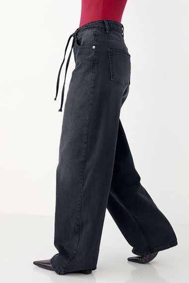 Однотонні чорні джинси  Palazzo із зав'язками на поясі - чорний цвет, 34р (є розміри) | Зображення 4