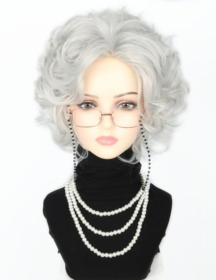 Комплект для образу бабаусі LeMarnia - світла сива перука, окуляри, намисто, для костюмів, Хелловіну та вечірок