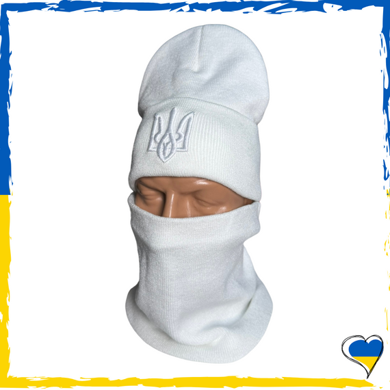 Комплект белый  с гербом шапка и бафф на флисе унисекс. Набор теплый. Мужской, женский подростковый, детский