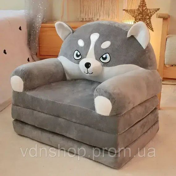Мягкое детское кресло плюшевое, мягкое кресло-кровать для детей Вовк Серый