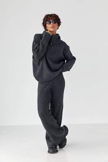 В'язаний костюм із широкими штанами та светром на блискавці - темно-сірий цвет, ONE SIZE (є розміри)