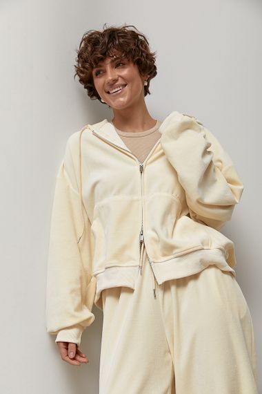 Велюровий спортивний костюм із худі та прямими штанами - кремовий цвет, S (є розміри) | Зображення 2