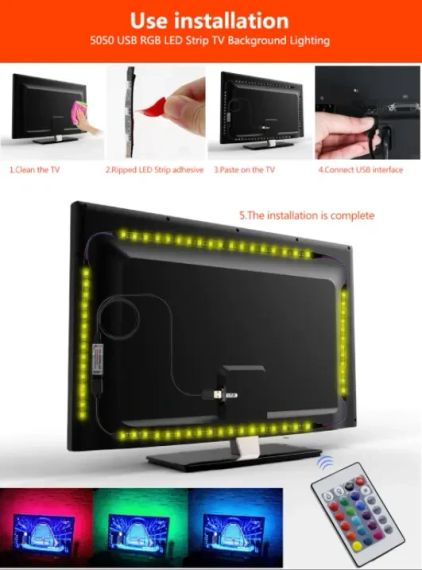 Лента светодиодная RGB 5050 2м с пультом для подсветки телевизора, монитора, мебели от USB | Зображення 1