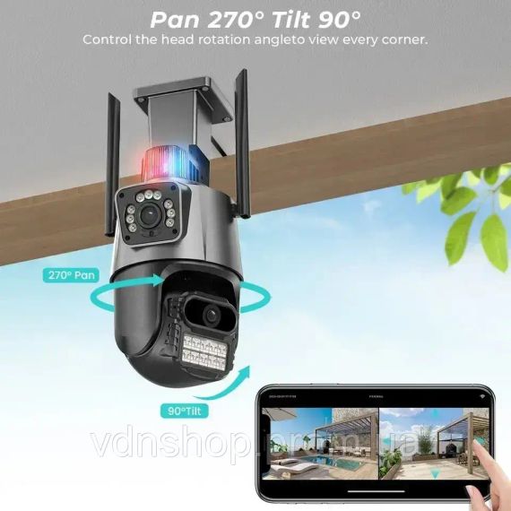 Уличная охранная поворотная WIFI камера Dual Lens Zoom 8MP сирена, зум,  удаленным доступом онлайн | Зображення 3