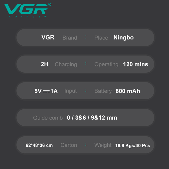 Машинка для стрижки детей бесшумная с вытяжкой  VGR V-155, 4 безопасные насадки, IPX8, зеленая | Зображення 5