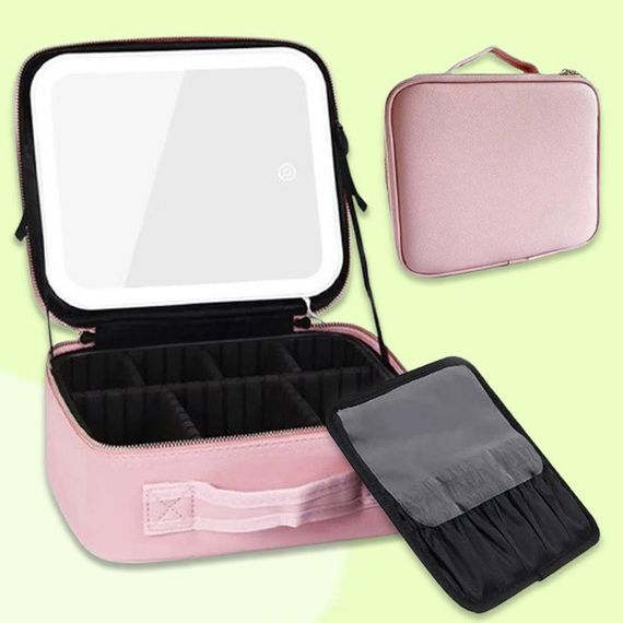 Портативна косметичка органайзер дорожній бьюті кейс з ручкою для з дзеркалом та LED-підсвічуванням рожевий | Зображення 6