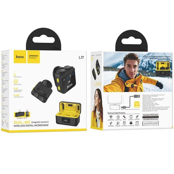 Петличный беспроводной микрофон Hoco L17 Dual-mic magnetic (Lightning/Type-C) Black | Зображення 5