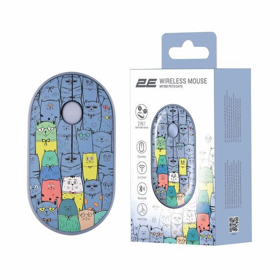 Мишка 2E MF300 PETSCATS Silent Wireless/Bluetooth Blue (2E-MF300WPETSBL) | Зображення 1