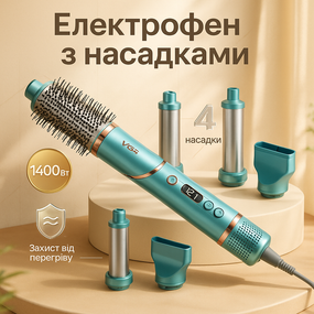 Фен для волос от сети, Фен с режимом защиты волос, Фен-щетка с различными насадками QS-51