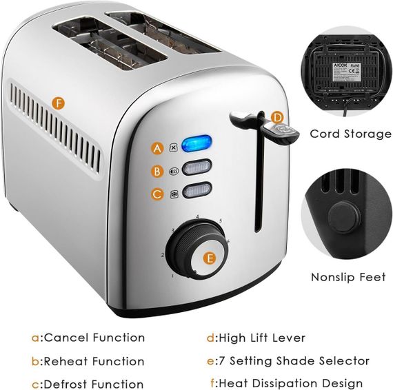 Тостер Aicok на 2 ломтика, из нержавеющей стали с выдвижным поддоном для крошек, 7 настроек 850 Вт серебристый | Зображення 6