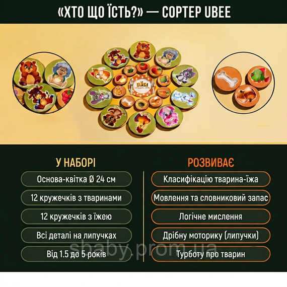 Розвивальна дитяча гра на липучках Ubee "Хто що їсть" з тваринами та їжею, дерев'яна | Зображення 2