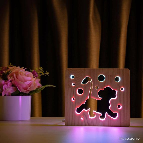 Светильник ночник ArtEco Light из дерева LED "Веселый львенок" с пультом и регулировкой... | Зображення 1