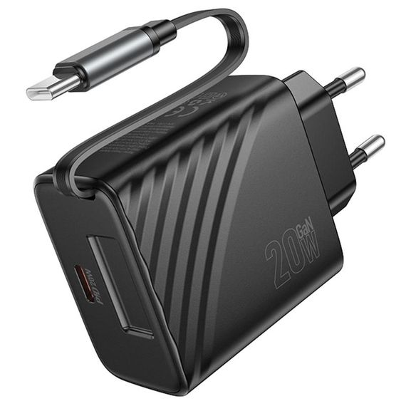 СЗУ Hoco N57 Full PD20W with retractable cable Type-C (2USB-C) Black | Зображення 3