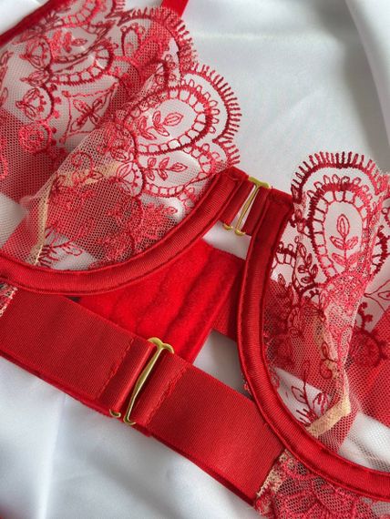 Червоний мереживний комплект білизни з поясом та гартерами | Зображення 9