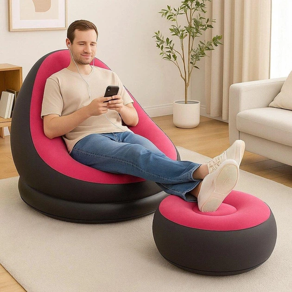 Надувной диван с пуфом Air Sofa / Надувное велюровое кресло с пуфиком+насос Розовый | Зображення 4