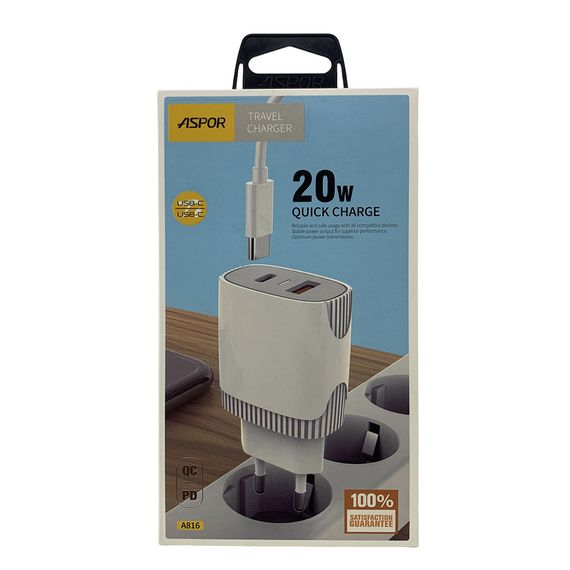 Мережевий зарядний пристрій Aspor A816 PD + QC Fast Charger 2в1 Type-C + Type-C-білий | Зображення 4