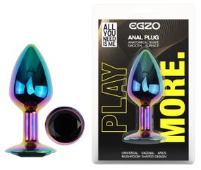 Анальна пробка EGZO Multicolor Round Plug Blue S з кристалом, металева, райдужна Sex Aura
