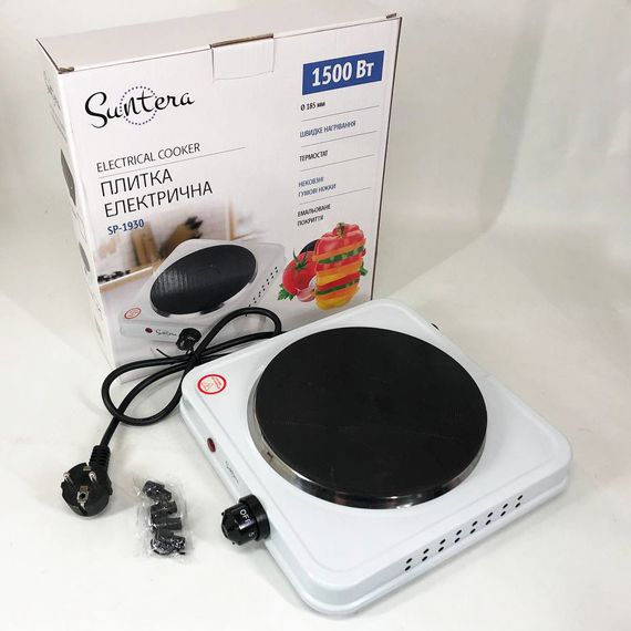Плита електрична Suntera SP-1930, електроплита 1 комфорка, електроплита кухонная. KW-130 Колір: білий | Зображення 2