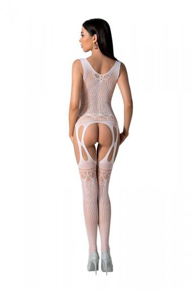 Бодістокінг з плетінням на грудях Passion BS099 One Size, white, відкритий доступ, імітація підв’язо Sex Aura | Зображення 2