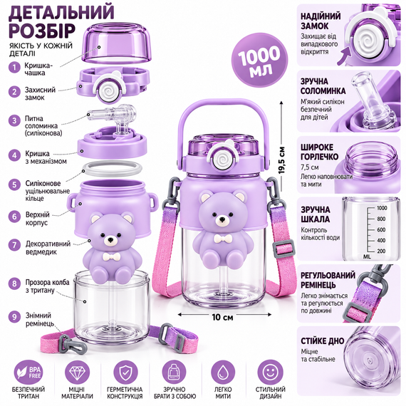 Дитяча пляшка для води «Миле Ведмежа» 1000 мл фіолетова з ремінцем, соломинкою та трубочкою | Зображення 1