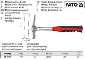 Молоток маляра муляра кований m=600 м l=382 мм YATO-4573