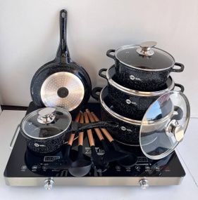 Набір посуду Higher Kitchen HK-305 17 предметів з кришками з гранітним покриттям | каструлі | ківш | сковорода