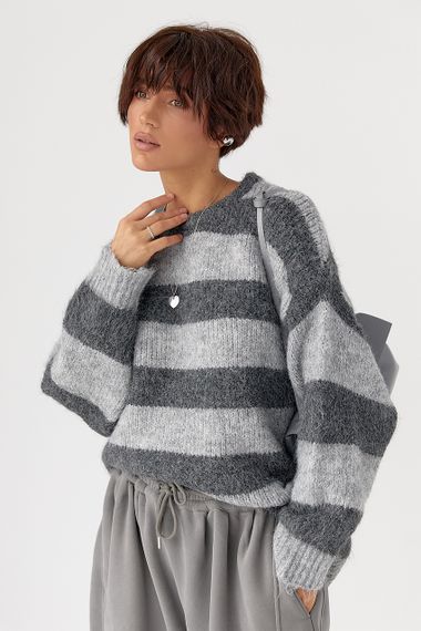 Теплий светр оверсайз у смужку - сірий цвет, ONE SIZE (є розміри)