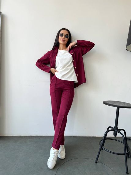 Женский костюм тройка рубашка+футболка+брюки трикотажный NB23007 размер 46/48 цвет бордовый