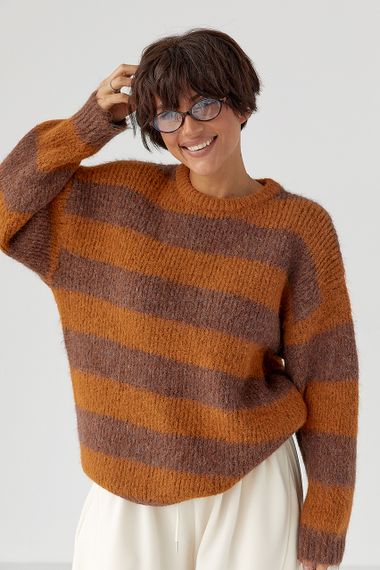 Теплий светр оверсайз у смужку - гірчичний цвет, ONE SIZE (є розміри)