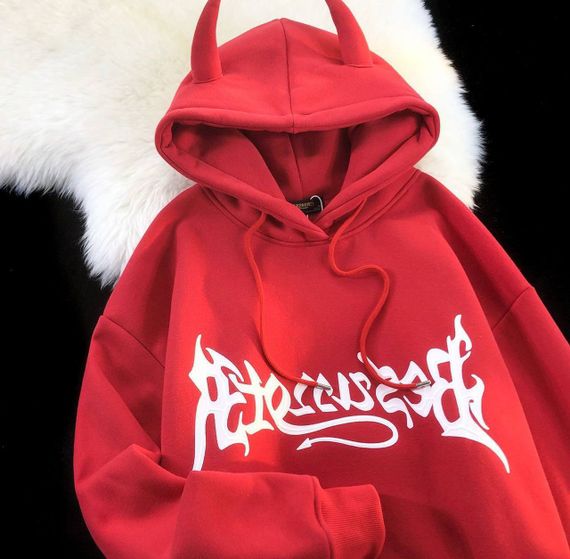 Женское теплое худи оверсайз с рожками на флисе, RO124/1, цвет красный, размер 42/46 | Зображення 2