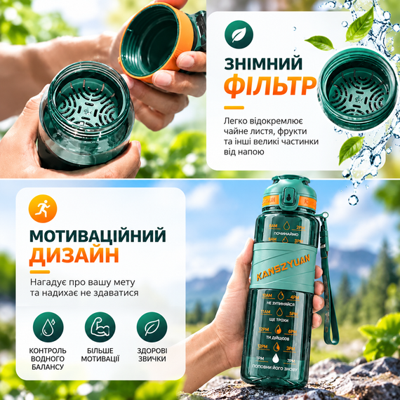 Спортивна пляшка KANGZYUAN 700 мл — зелена Tritan BPA-free, ударостійка пляшка для води з фільтром та ремінцем | Зображення 5