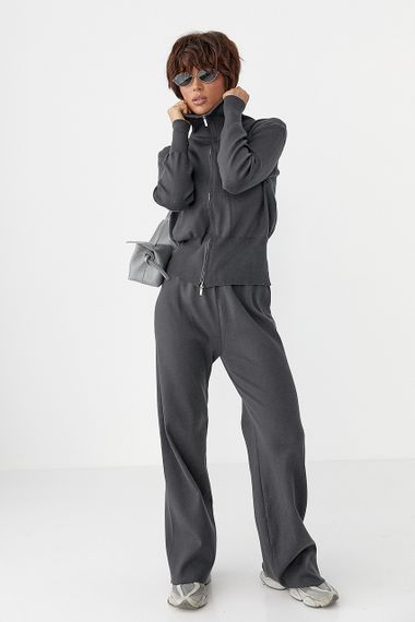 Трикотажний костюм із коротким кардиганом на блискавці та широкими штанами - темно-сірий цвет, ONE SIZE (є розміри) | Зображення 1